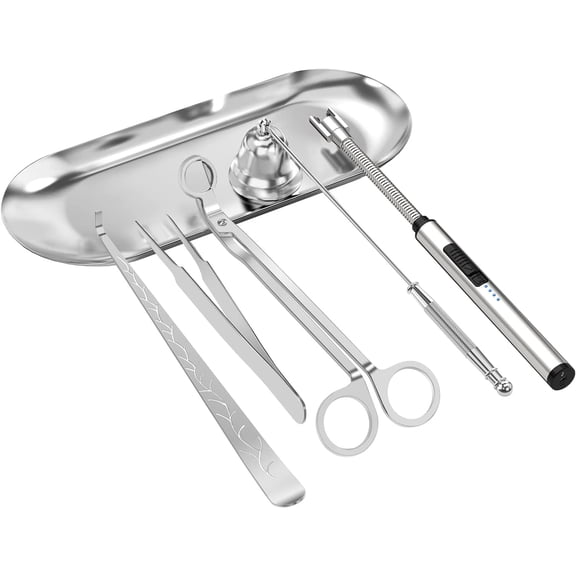 6 in 1 Candle Accessory Set,Candle Wick Trimmer Cutter,Candle Wick Dipper,Candle Wick Snuffer, Rechargeable Candle Lighter,Storage Tray Plate,Tweezers,Stainless Steel Candle Care Kit Home Gift