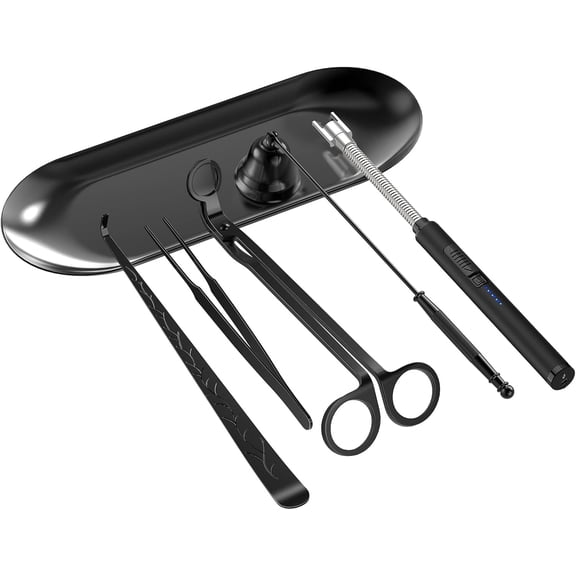 6 in 1 Candle Accessory Set,Candle Wick Trimmer Cutter,Candle Wick Dipper,Candle Wick Snuffer, Rechargeable Candle Lighter,Storage Tray Plate,Tweezers,Stainless Steel Candle Care Kit Home Gift(Black)