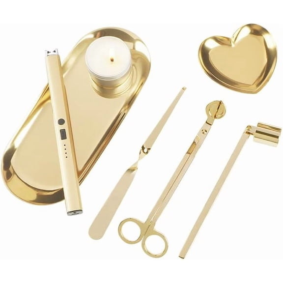 6 in 1 Candle Wick Trimmer Cutter,Candle Lighter Rechargeable, Candle Snuffer Extinguisher, Candle Wick Dipper, Candle Care KitCandle Accessory Set with Storage Tray Plate for Candle Lover (Gold-02)