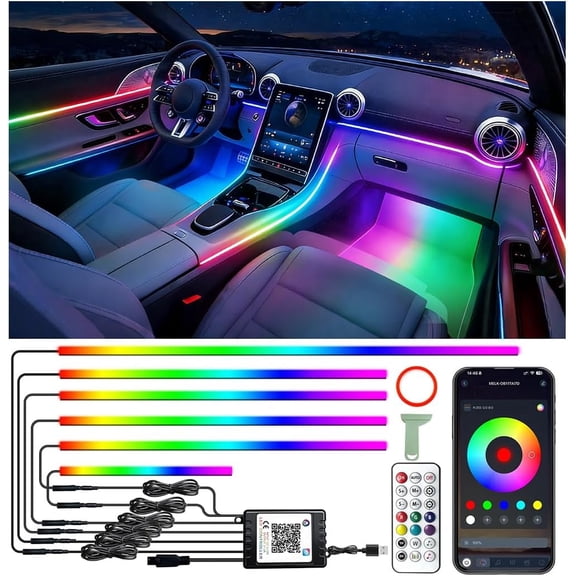 6 in 1 Car Led Strip Lights, Interior Car Lights, App and RF Remote Control Ambient Lighting Kit with RGB 16 Million Colors Fiber Optics&Music Sync Rhythm, USB Neon Light Accessories for Console&Door