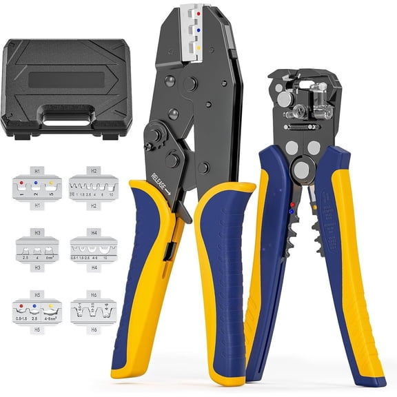 6 in 1 Crimping Tool Kit and Wire Stripper, Ratcheting Wire  with 6 count Interchangeable Dies for Heat Shrink,Non-Insulated,Ferrule,Open Barrel,Insulated Connectors, men tool gifts