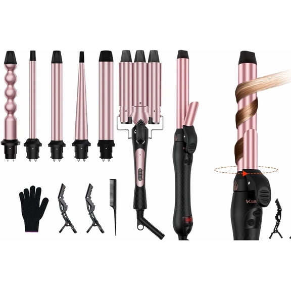 6 in 1 Curling Iron Set  Curling Wand with 3 Barrel Curler & 5 Interchangeable Ceramic Curling Wands (0.35"-1.25"), Rotating Curling Iron 1 Inch  Complete Hair Styling Kit