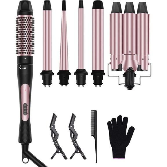 6 in 1 Curling Wand Set, 3 Barrel Hair Waver, 1.5" Thermal Brush, 0.35"-1.25" Interchangeable Ceramic Curler, 2 Temp Adjustable, 30S Fast Heating Portable Hair Styling Tools