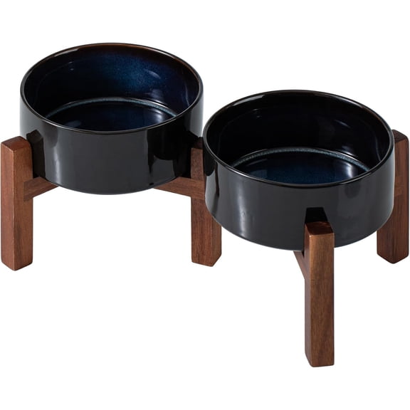 6.1" Elevated Dog Bowls Ceramic Raised Dog Bowl with Non-Slip Stand (Acacia Wood) Two Height Options, Dog Food & Water Bowl for Small & Medium Breed Dogs - 3.4 Cups 27 oz