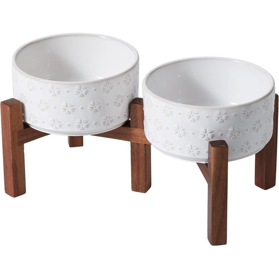 6.1" Elevated Dog Bowls Ceramic Raised Dog Bowl with Non-Slip Stand (Acacia Wood) Two Height Options, Dog Food & Water Bowl for Small & Medium Breed Dogs - 3.4 Cups 27 oz