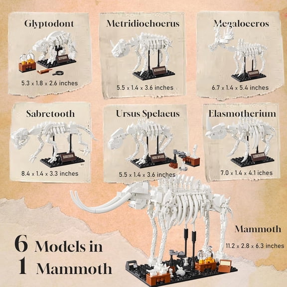 6 in 1 Fossil Building Kit, Compatible with Lego Dinosaur Natural History Museum, 6 Prehistoric Beasts in 1 Mammoth Building Set, Educational STEM Toys Discovery, 928 PCS