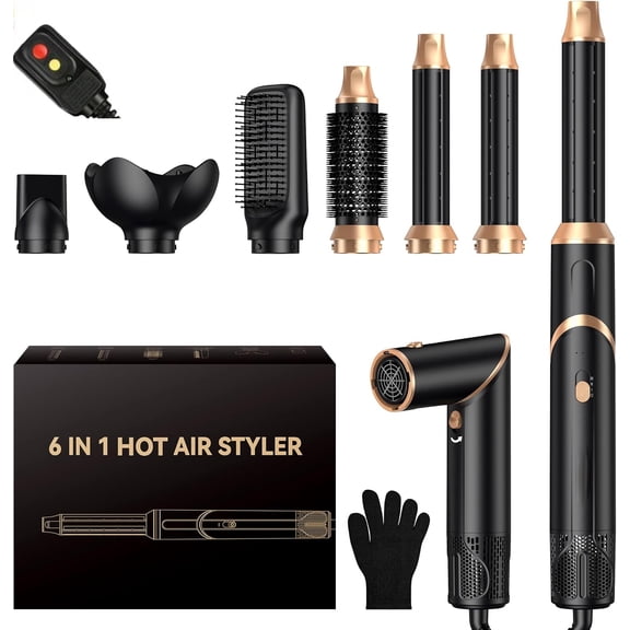 6 in 1 Hair Dryer Brush, Foldable Blow Dryer Brush with Air Styler Curler Wrap, Detachable Hot Air Brush Dry,Volumize, Straight,Curl, Negative Ion Brush Blow Dryer with Diffuser, Hair Styler Tools