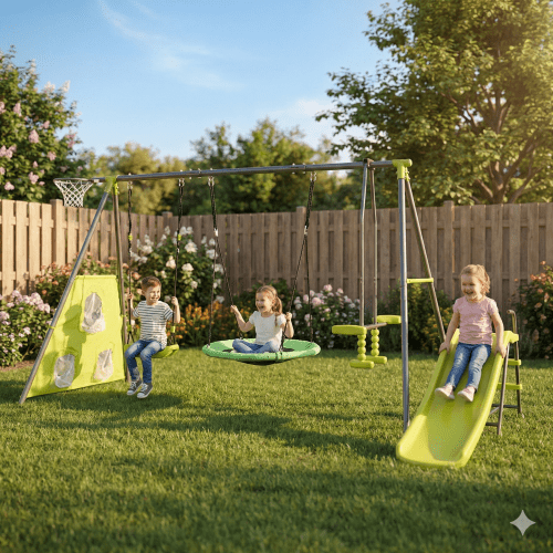 6 in 1 Heavy Duty Swing Set for Backyard, Outdoor Playset with Net Swing, Mini Slide, Basketball Hoop, Soccer Net, Metal Frame Safe Playground Equipment for Toddlers Age 3+, Face-to-Face Seats, Green