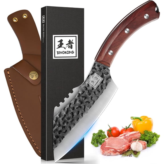 6.1 Inch Meat Cleaver Knife with Sheath, Hand Forged Butcher Knife for Meat Cutting, Full Tang Chef Knife for Kitchen, Outdoor Cooking, Camping, BBQ, with Gift Box