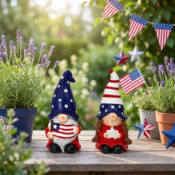 6.1 Inch Resin Patriotic Gnome Figurine Set of 2, Hand-Painted Desktop Dwarf Couple, Independence Day Shelf Decor for Living Room Holiday Table Centerpiece