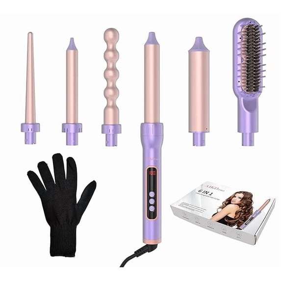 6 in 1 Interchangeable Ceramic Curling Iron, Curling Wand Set with Hair Straightener Brush, Instant Heat-Up, Auto Shut Off with LCD & Temperature Adjustment Include Glove, Dual Voltage