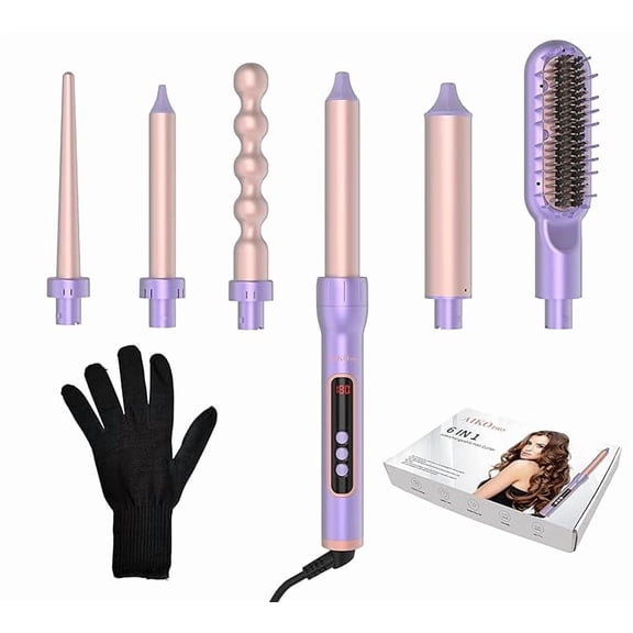 6 in 1 Interchangeable Ceramic Curling Iron, Curling Wand Set with Hair Straightener Brush, Instant Heat-Up, Auto Shut Off with LCD & Temperature Adjustment Include Glove, Dual Voltage