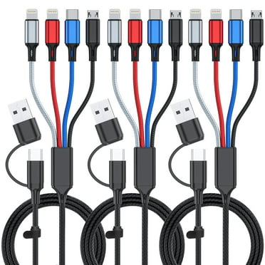 6 in 1 Multi Charging Cable 3Pack-6FT Multi USB Cable 3A Multi Charger Cable Braided Multiple Phone Charger Cable Universal USB A/C Charging Cord with 2*IP/Type C/Micro USB Port for Cell Phone/Tablets
