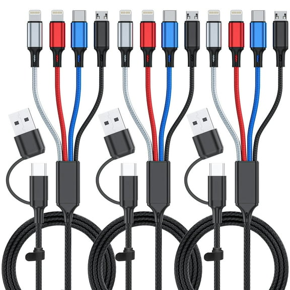 6 in 1 Multi Charging Cable 3Pack-6FT Multi USB Cable 3A Multi Charger Cable Braided Multiple Phone Charger Cable Universal USB A/C Charging Cord with 2*IP/Type C/Micro USB Port for Cell Phone/Tablets
