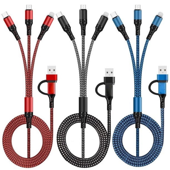 6 in 1 Multi Charging Cable LHJRY 3Pack 4ft Multiple Charge Cord USB A/C to Phone USB C Micro USB Connector Fast Charging Cord Compatible with Cell Phones Tablets and More - (Red,Black,Blue)