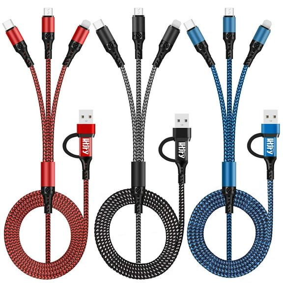 6 in 1 Multi Charging Cable LHJRY 3Pack 4ft Multiple Charge Cord USB A/C to Phone USB C Micro USB Connector Fast Charging Cord Compatible with Cell Phones Tablets and More - (Red,Black,Blue)