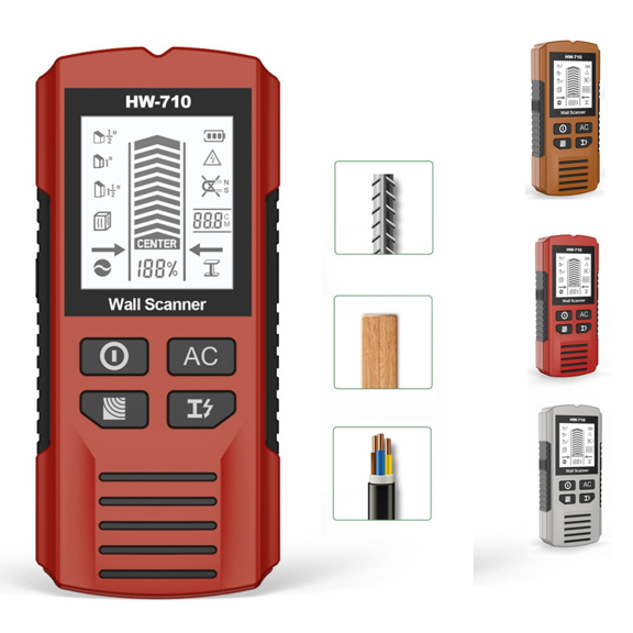 6 in 1 Multi Function Handheld HD LCD Display Wall Metal Detector, Multifunctional Handheld Metal & Wall Detector, Stud Finder Tool, Suitable for Detecting Metal, Cables, Wood (Red)
