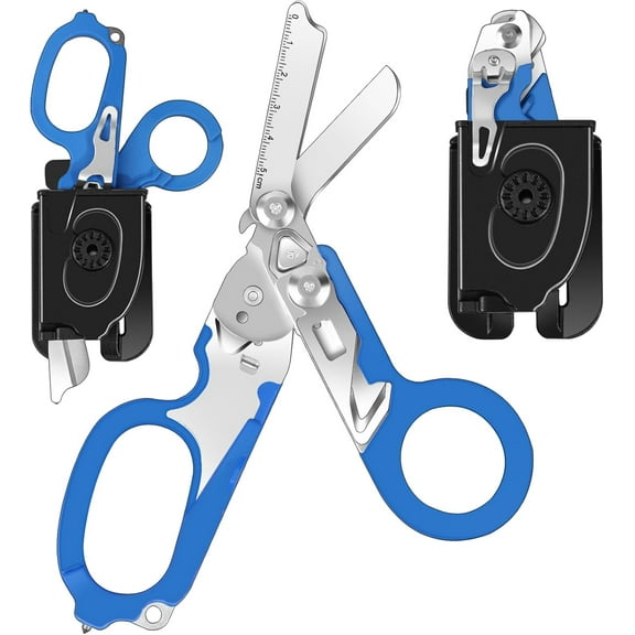 6 in 1 Multi-function Foldable Trauma Shears with Compatible Holster, Emergency Response Scissors Outdoor Camping Rescue Tools With Strap Cutter and Glass Breaker（Blue)