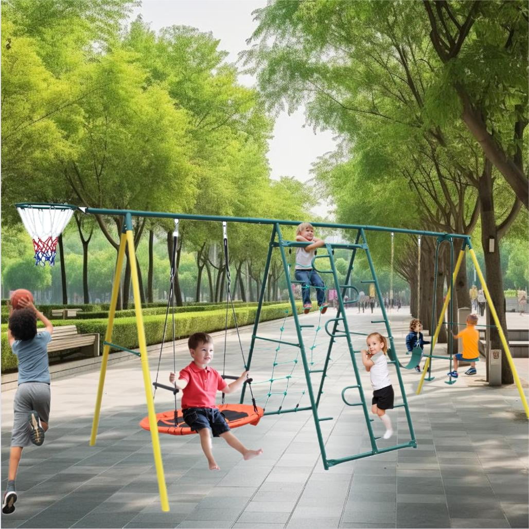 Large Swing Net 6 In 1 Multifunction Outdoor Kids Swing Set, W/Climbing Frame Glider U ...