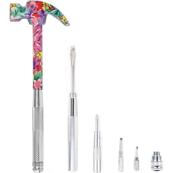 6 in 1 Multifunctional Floral Hammer & Screwdriver Tool Set Claw Hammer with Slotted/Flat Head Phillips Screwdriver Nail Puller Best Christmas Thanksgiving Halloween Gift for Her(Pink)