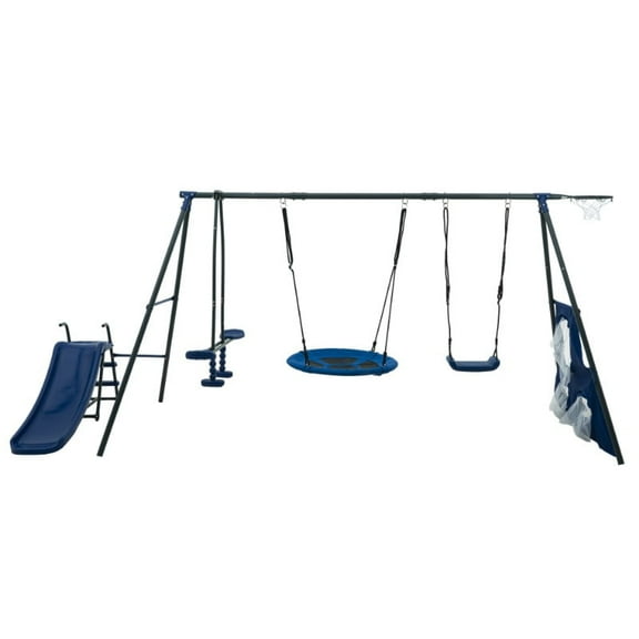 6 in 1 Outdoor Swing for Kids, SHINPT Metal Swing Set for Backyard, Lifetime Swing Set with Slide, Glider, Belt Swing, Soccer Net, Saucer Swing, Toddler Swing Set Outside for Lawn, Garden, Yard