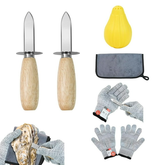 6 in 1 Oyster Shucker ,Oyster Shucking Knife, 2 Set Sturdy Sharpness Oyster Knife, 2 pack Gloves with Cut Resistant Level 5 Protection, 1 anti-slip cloth and 1 lemon-squeezer for Seafood Lovers
