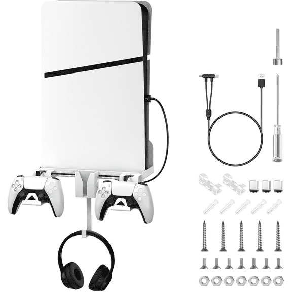6 in 1 Wall Mount Kit Compatible with PS5 Slim Console Disc and Digital Edition with Magnetic Charging Cable Detachable Controller Holder-White