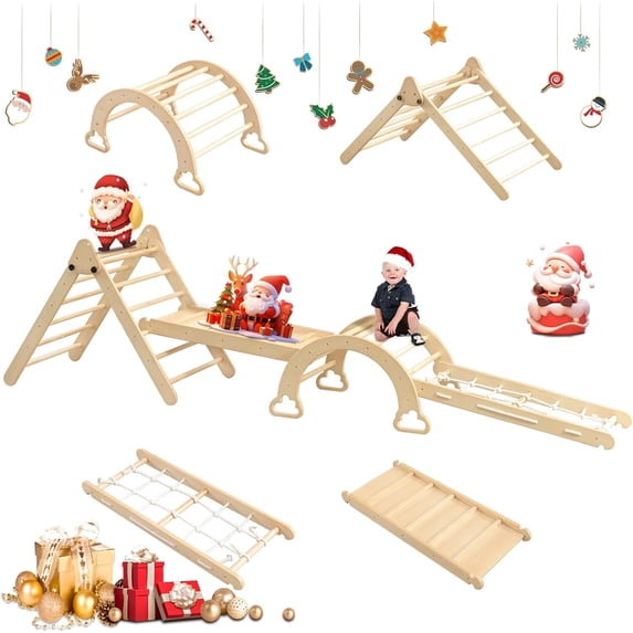6 in 1 Pikler Triangle Set, DEYGIA Wooden Montessori Climbing Set with Ramp, Arch, Slide and Net, Toddler Climbing Toys Indoor for Kids Aged 1-7 Years