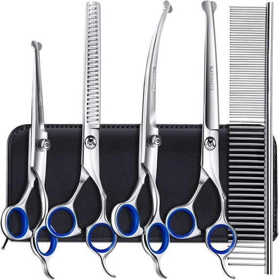 6 in 1 Professional Stainless Steel Grooming Scissors for Dogs with Safety Round Tip, Heavy Duty Titanium Coated Pet Grooming Scissor for Dogs, Cats and Other Animals
