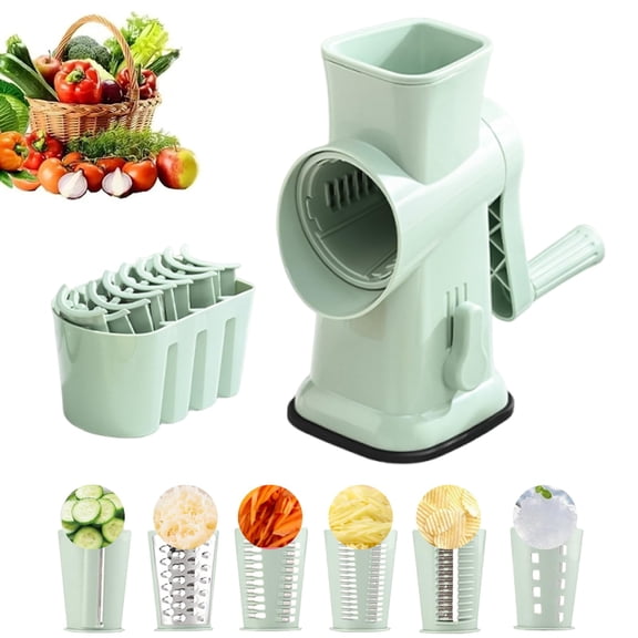 6 in 1 Rotary Cheese Grater and Vegetable Slicer with 12 Interchangeable Blades and Storage Box, Hand Crank Grater for Cheeses, Fruits, Vegetables, Nuts, and Ice(Green)