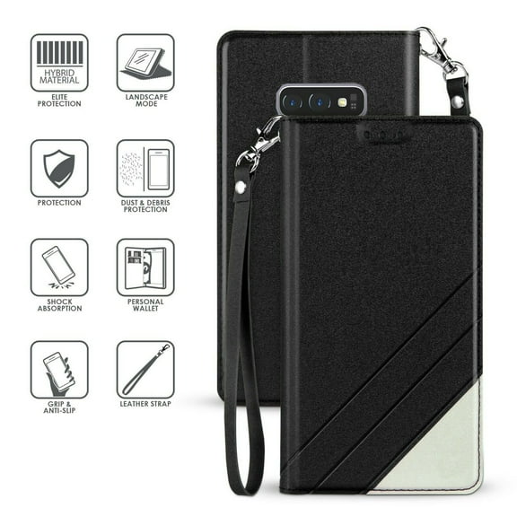 for 6.1" Samsung Galaxy S10 LITE Luxury Infolio Hybrid Grip and Anti-Slip Dust and Debris Protection Shock Absorption Foldable Kickstand Landscape Mode Leather Strap Card Slot Wallet Case [BlackWhite]