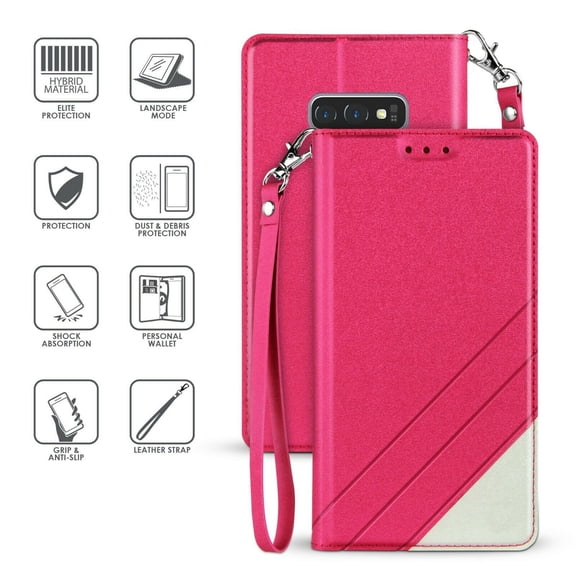 for 6.1" Samsung Galaxy S10 LITE Luxury Infolio Hybrid Grip and Anti-Slip Dust and Debris Protection Shock Absorption Foldable Kickstand Landscape Mode Leather Strap Card Slot Wallet Case [PinkWhite]
