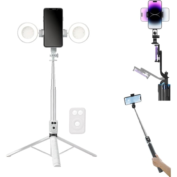 6 in 1 Selfie Stick with Fill Light, 360 Rotating Tripod with Remote with Fill Light, Extendable Phone Holder for Vlogging Photo Live Stream (Whitewith 2 fill lights)