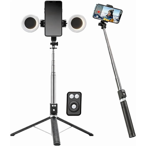6 in 1 Selfie Stick with Fill Light/Auto Face Tracking, Selfie Stick Tripod with Light Follows Your Movement 360, Phone Camera Tripod with Wireless Remote(black)Q