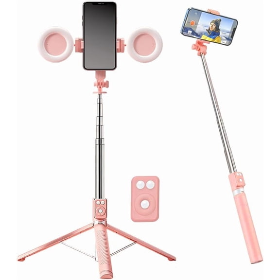 6 in 1 Selfie Stick with Fill Light/Auto Face Tracking, Selfie Stick Tripod with Light Follows Your Movement 360, Phone Camera Tripod with Wireless Remote(pink)Q