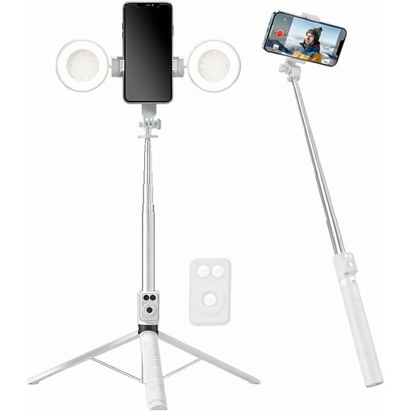 6 in 1 Selfie Stick with Fill Light/Auto Face Tracking, Selfie Stick Tripod with Light Follows Your Movement 360, Phone Camera Tripod with Wireless Remote(white)Q