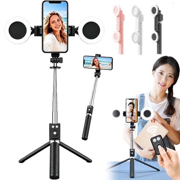 6 in 1 Selfie Stick with Fill Light, Cellphone Selfiestick with Remote, Bluetooth Remote Control,and Stable Three-Legged Support, Selfie Stick for Video Recording