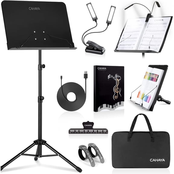 6 IN 1 Sheet Music Stand with Stand Light Desktop Book Stand with Carrying Bag, Sheet Music Folder & Clip Metal Portable Solid Back for Guitar, Ukulele, Violin Players