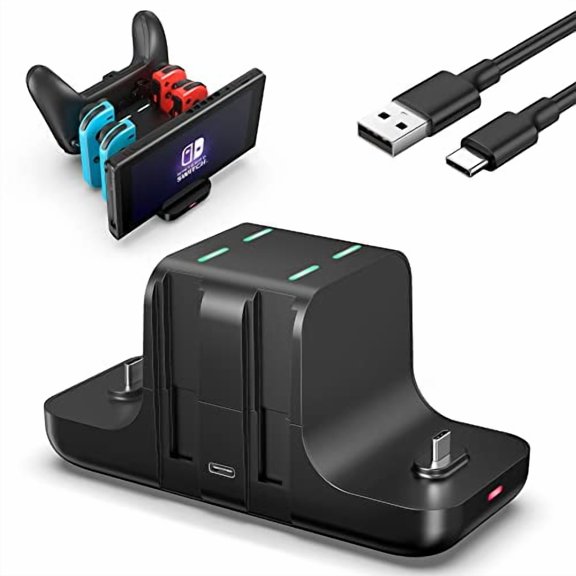 6 in 1 Switch Charger Dock Station for Nintendo Switch & OLED & Lite,Charging Dock Storage Stand for Nintendo Switch JoyCon and Pro Controller with USB C Charging Cable,Black