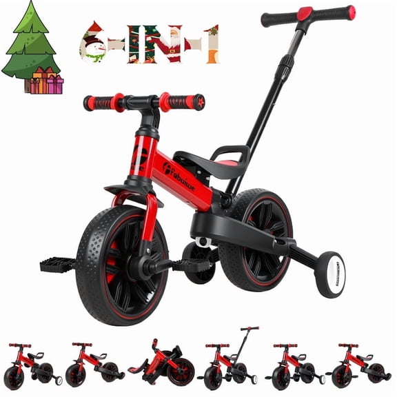 6 in 1 Toddler Tricycle for 18 Months to 5 Years Old, Kids Balance Bike with Adjustable Push Handle & Removable Pedals, Training Wheels & Easy Assembly Push Trike Toy Birthday Gift for Boys and Girls