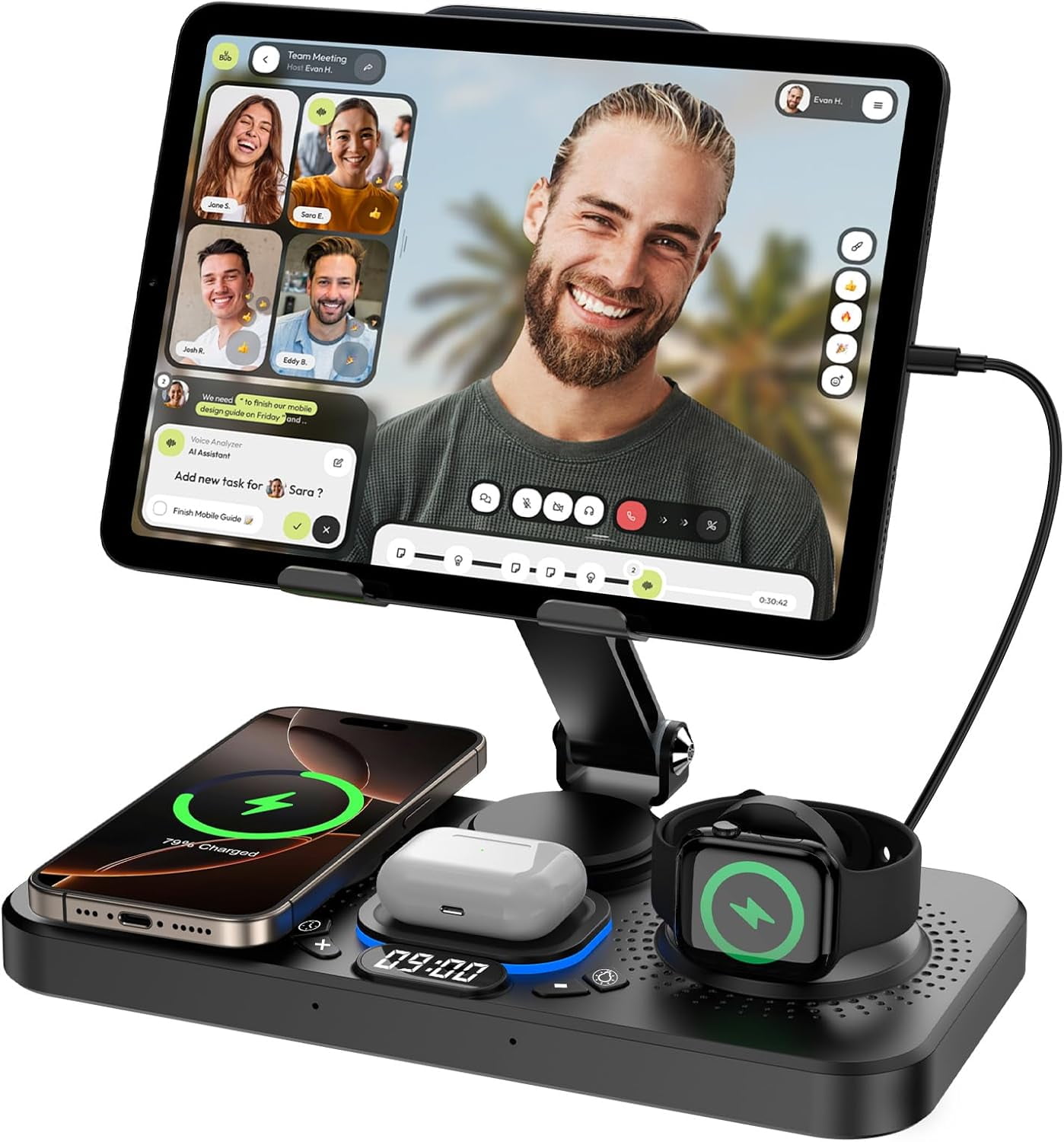 6 in 1 Wireless Charger for Apple Device, 30W Foldable Charging Station for ipad with Clock & 7 Color Ambient Light, Nightstand Wireless Charger for iPhone 16/15/14/iWatch Series/AirPods 4/3(Black)