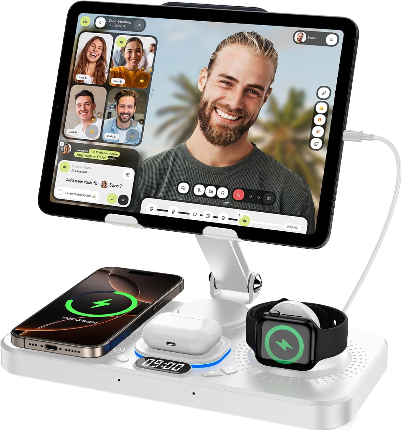 6 in 1 Wireless Charger for Apple Device, 30W Foldable Charging Station for ipad with Clock & 7 Color Ambient Light, Nightstand Wireless Charger for iPhone 16/15/14/iWatch Series/AirPods 4/3(Black)