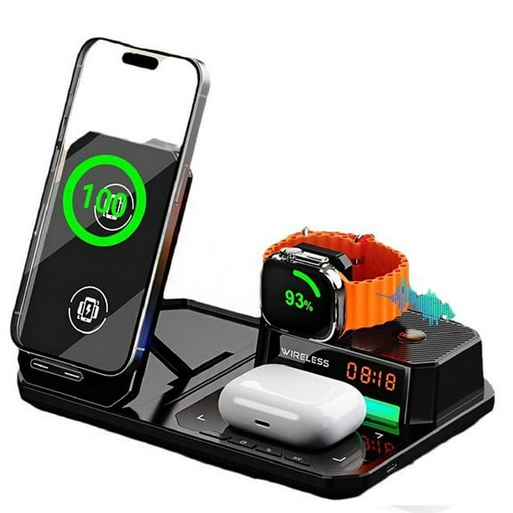 6 in 1 Wireless Charger,Multifunctional Folding Fast Charging Phone Holder,30W Wireless Fast Charging,Compatible with iPhone,Apple Watch, AirPods and Various Devices Black
