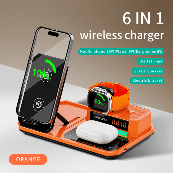 6 in 1 Wireless Charger,Multifunctional Folding Fast Charging Phone Holder,30W Wireless Fast Charging,Compatible with iPhone,Apple Watch, AirPods and Various Devices Orange