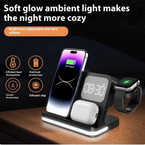 6 in 1 Wireless Charging Station Compatible with Apple Multiple Devices iPhone, AirPods, and Apple Watch - Phone Wireless Charger Fast Charging with Night Lamp and Clock, Black