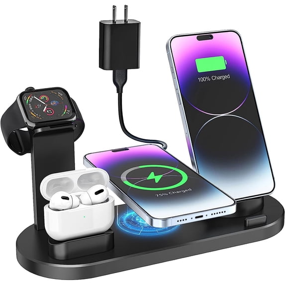 6 in 1 Wireless Charging Station - Multi-Function Charging Dock, Qi 15W Fast Wireless Charger, Compatible with iPhones, Apple Watch, AirPods & Multiple Devices