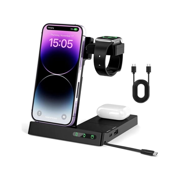 6 in 1 Wireless Charging Station for Multiple Devices Apple Samsung, Foldable Charger Stand Dock for iPhone 15 14 13 12 11 8 Pro Max Plus Mini SE XS Max XR X Watch Earphone Galaxy Buds 2 Pro