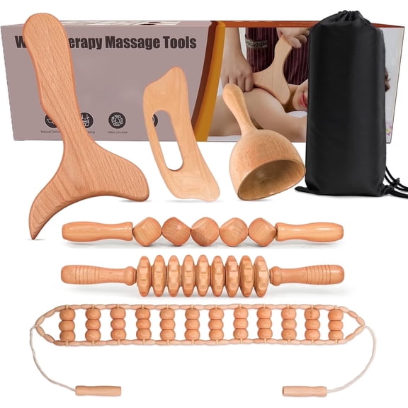 6 in 1 Wood Therapy Massage Tool Set for Body Sculpting Massage, Lymphatic Drainage and Muscle Pain Relief, Cellulite Sculpting Multi-Functional Massager