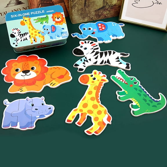 6 in 1 Wooden Matching Puzzle Set in Tin Box, Animal Theme Cognitive Training Game for Adults, 30 Piece Memory and Logic Exercise Board for Home Office