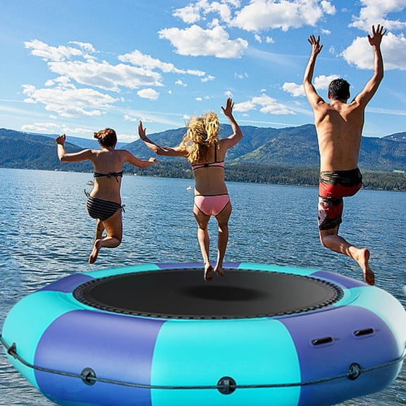 6/10/12/15 ft Inflatable Water Trampoline - Portable Pool/Lake Floating Trampoline with Inflatable and Rope Ladder Equipment, Swimming and Diving Platform, Thickened PVC Tear-Resistant (Blue-12FT)